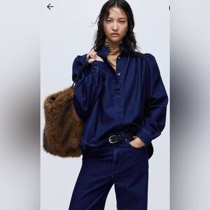 H&M Edition Oversized Long Sleeve Puff Sleeve Denim Blouse(Dark Denim Blue) L